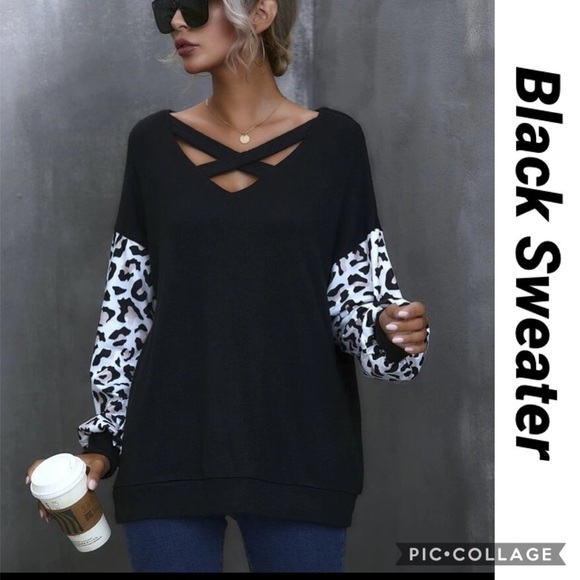 1 Left!! Cute Black Sweater w/Animal Print - Picture 1 of 4